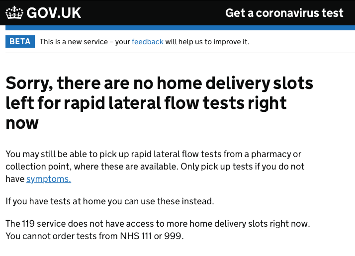 Image of government website showing there are no lateral flow tests available for home delivery