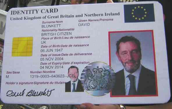 Example of possible UK national ID card, carrying the image of David Blunkett, Labour Home Secretary at the time it was suggested.
